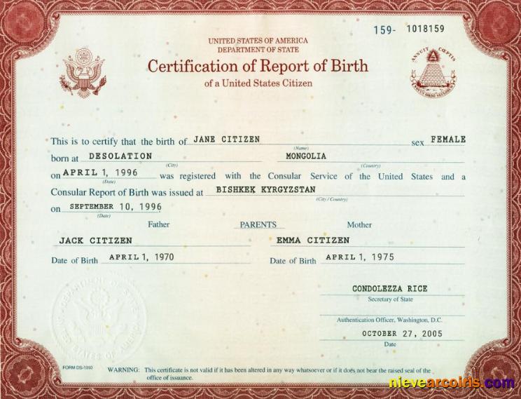 USA certification of report of birth washington 1